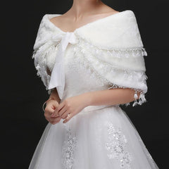 In Store Fringed warm white wedding Bridal Shawl