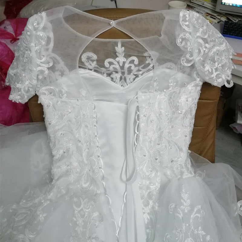 In Store White Lace Plus Size Shortsleeved Dress with Trailing Wedding Dress