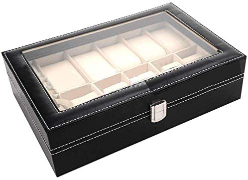 Leather 12 Compartment Watch Box Organizer Case Jewelry Box Display Box - Black - Simpal Boutique