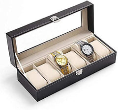 Leather 6 Compartment Watch Box Organizer Case Jewelry Box Display Box - Black - Simpal Boutique