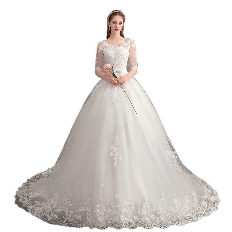 In Store Long Sleeves High Waist with Deep V Neck Wedding Dress