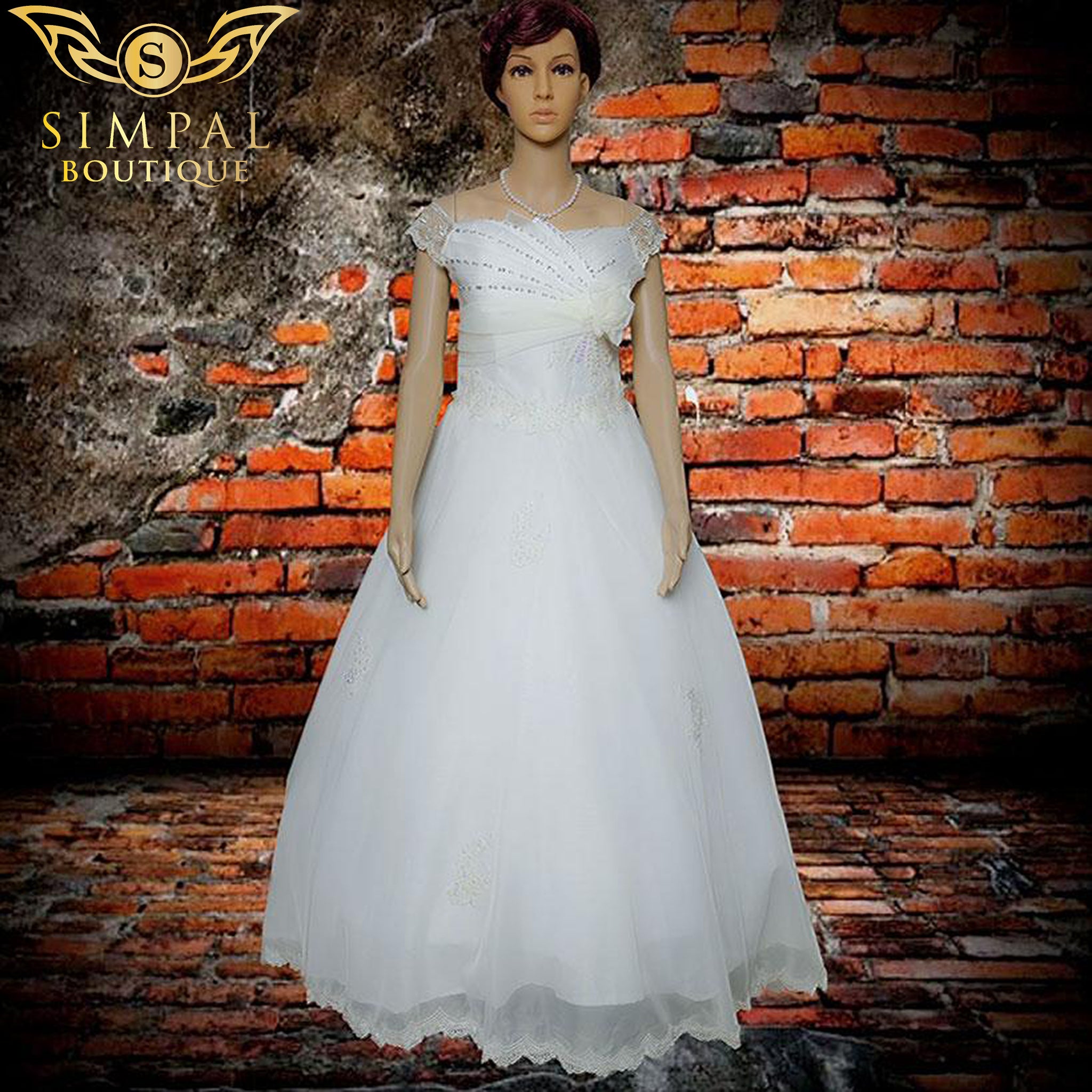 [In Store] Off Shoulder New Design Wedding gown chiffon with Beads - Simpal Boutique