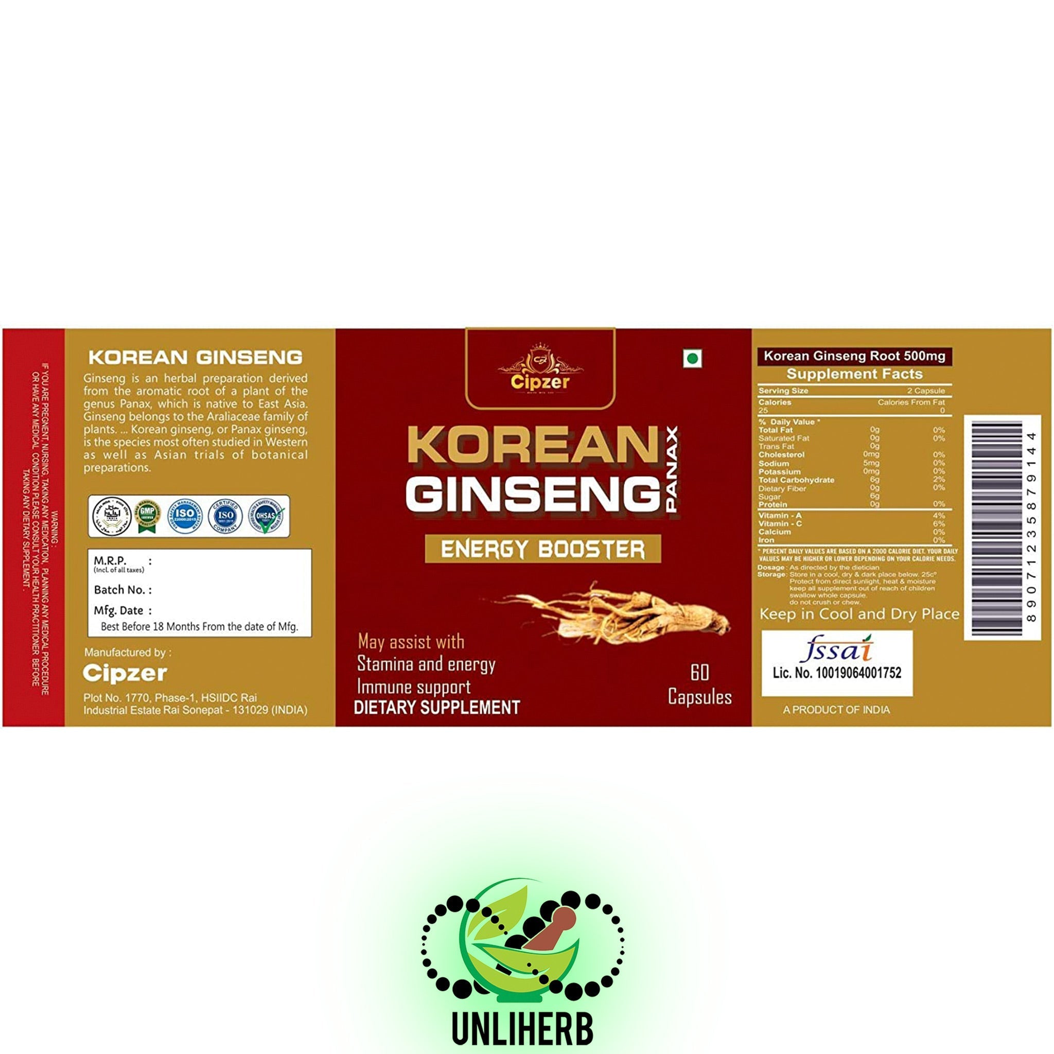 Cipzer Korean Ginseng  500mg 60 Capsules Value Pack of 2 