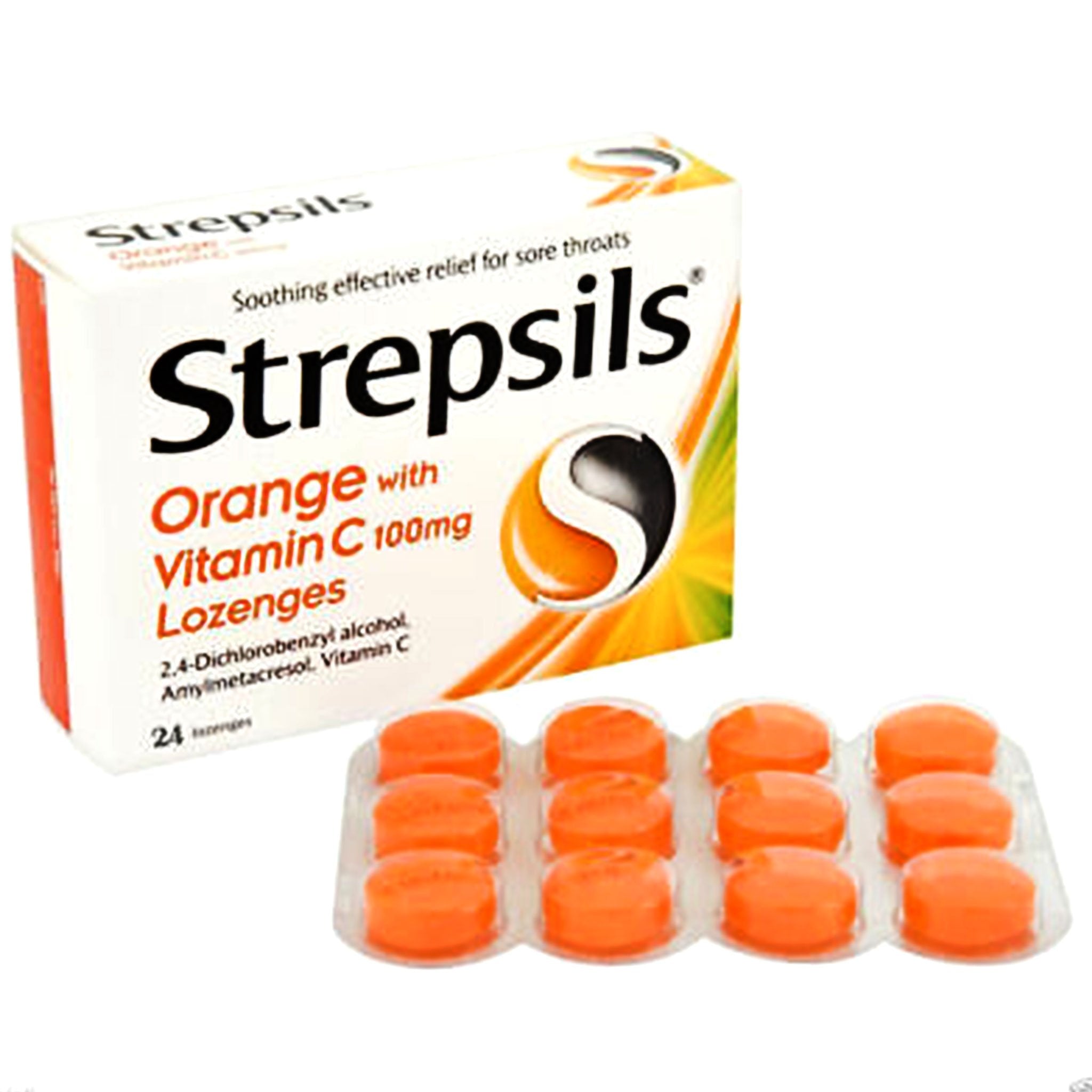 Strepsils Orange with Vitamin C 100mg 24 Lozenges  Dual antibacterial action