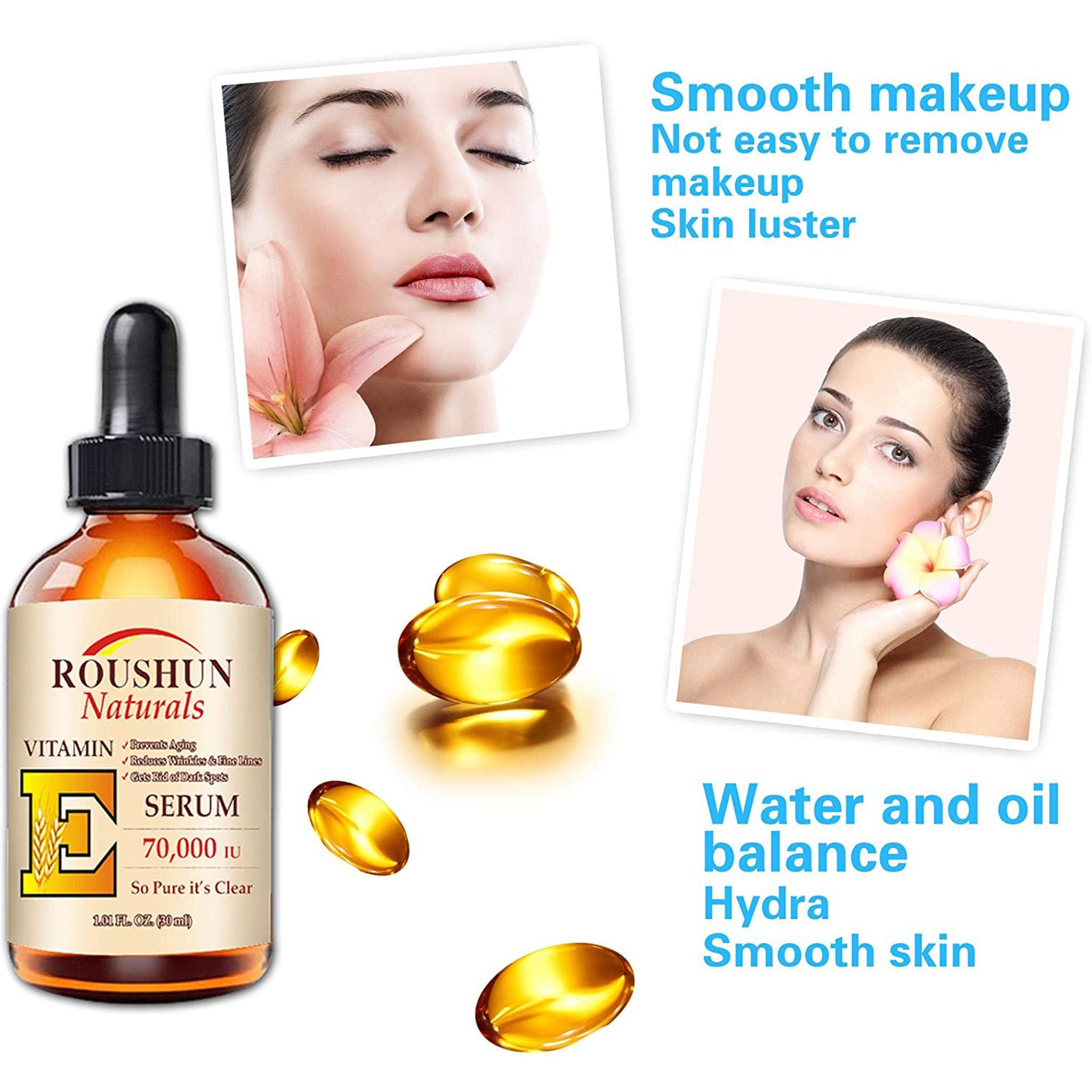 Roushun Naturals Vitamin E Serum 70000 IU 101floz30mlAntiaging reduces wrinklesfine lines