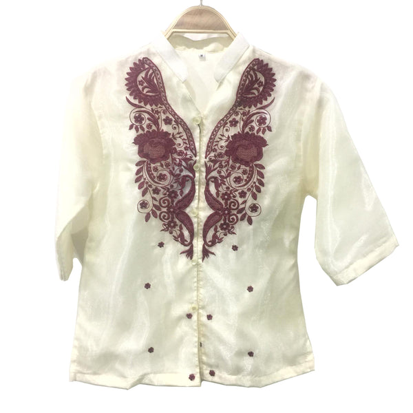 Machine Embroidered Modern Ladies Barong Cream/Maroon - Simpal Boutique