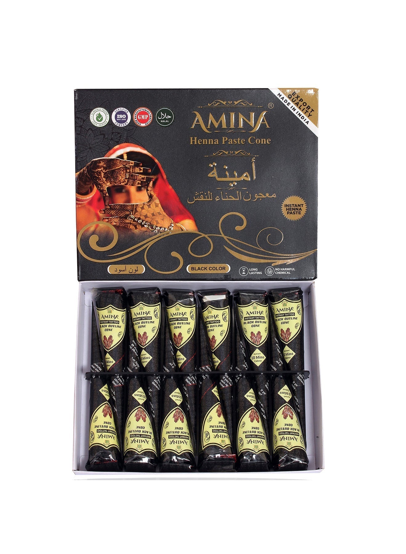 Organic Henna Cones Amina Instant Mehendi Cone Black 25 gm Value Pack of 12 