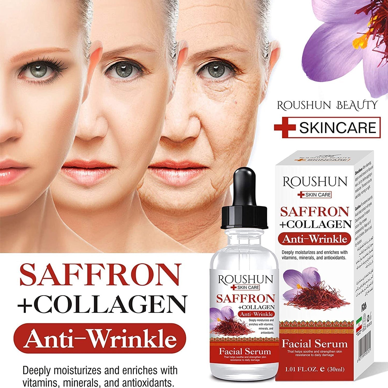 Roushun Saffron  Collagen AntiWrinkle Facial Serum 30 ml Value Pack of 3 