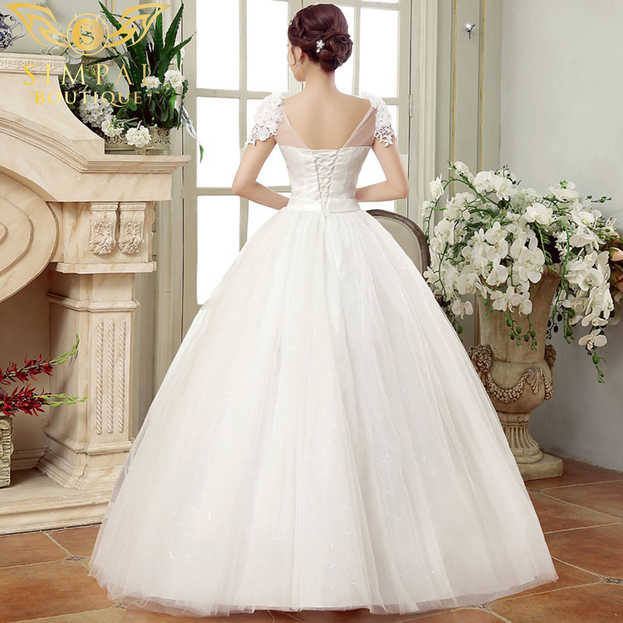 In Store Slim thin shoulder Korean lace flower wedding dress