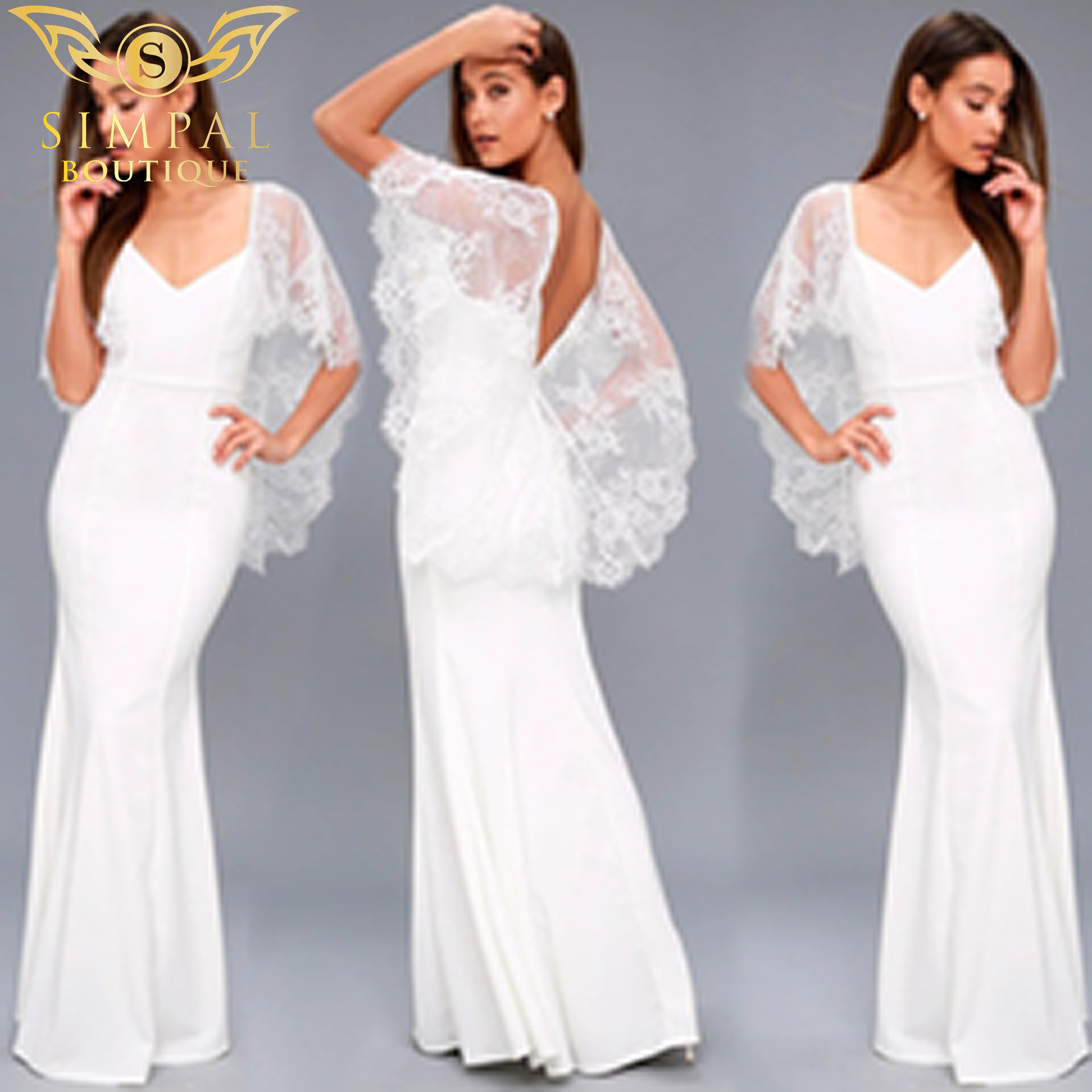 In Store Reez Beautiful Lace Shoulder Long White Flowy Wedding Beach Dress
