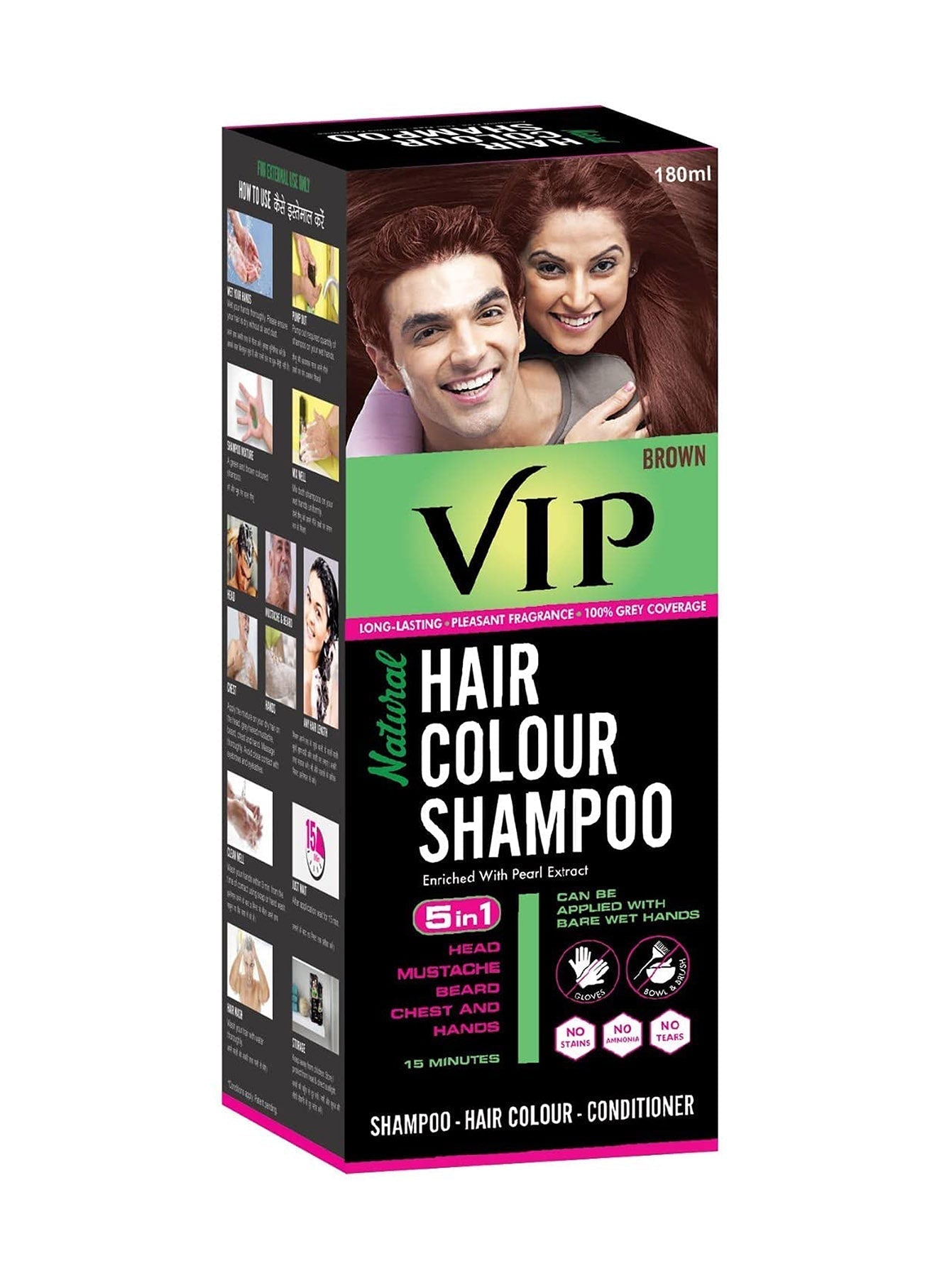 VIP Natural Hair Color Shampoo Brown 180ml Value Pack of 12 