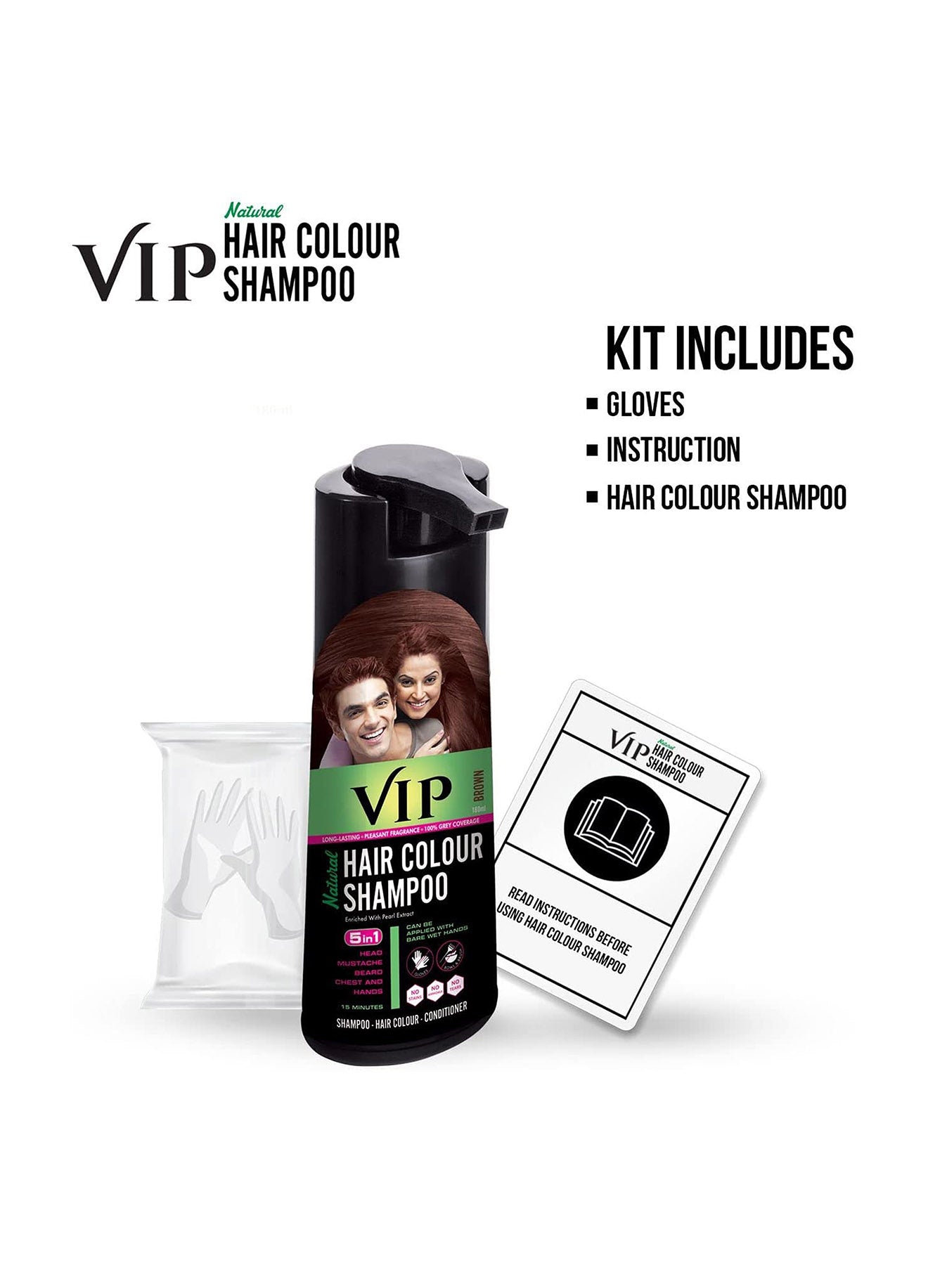 VIP Natural Hair Color Shampoo Brown 180ml Value Pack of 2 