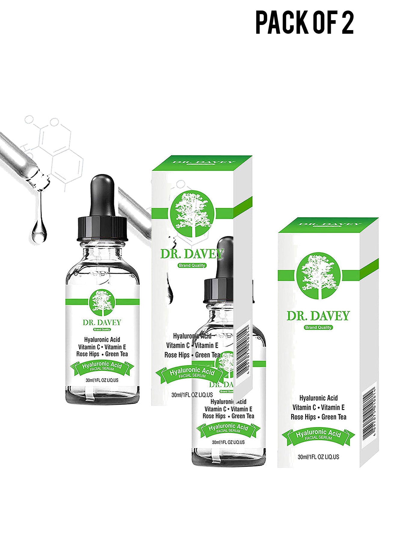 Dr Davey Hyaluronic Acid Serum  Hydration  Moisture Filled Hyaluronic Acid Facial Serum with Vitamin C  Vitamin E 30ml1oz Value Pack of 2 