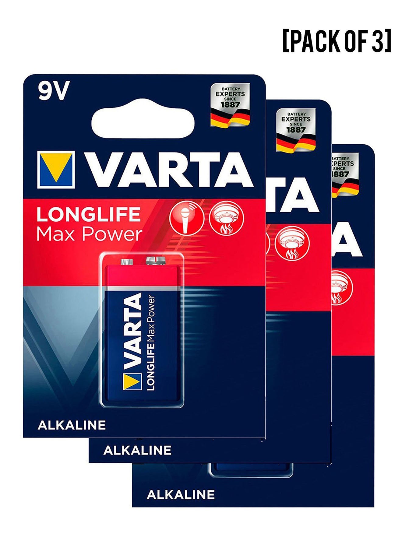 Varta Long Life Max Power 9V Alkaline Battery Value Pack of 3 