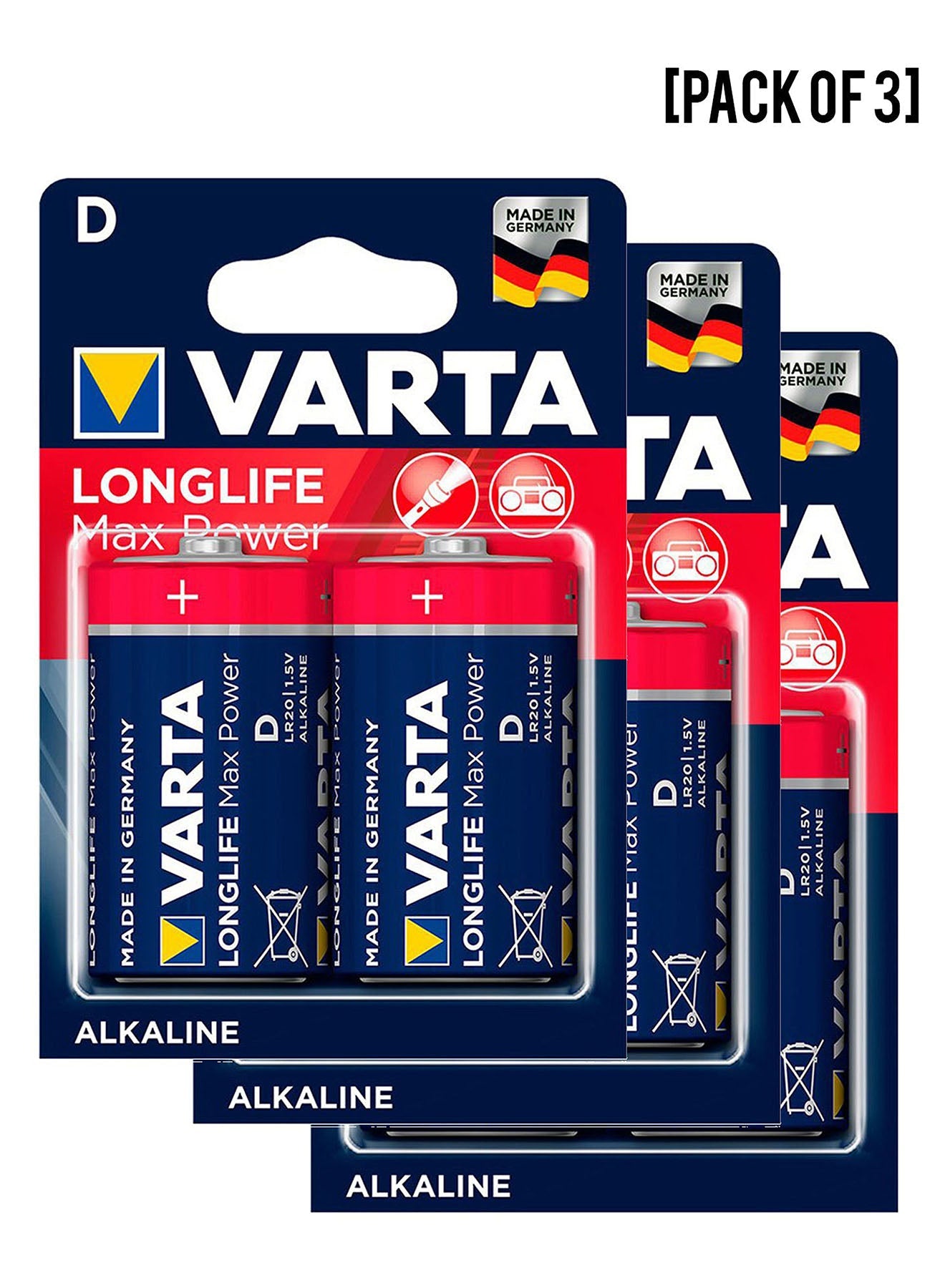Varta Long Life Max Power LR20 D Alkaline Battery 2 Units Value Pack of 3 