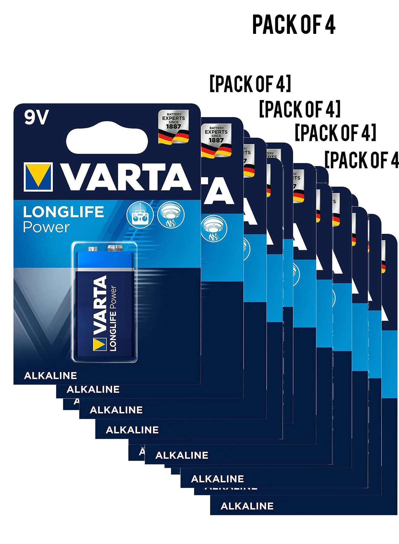 Varta Long Life Power 9V Block Alkaline Battery 1pack Value Pack of 4 